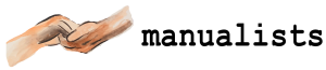 Two peach-colored hands clasped together with a word "manualists" in black typeset.